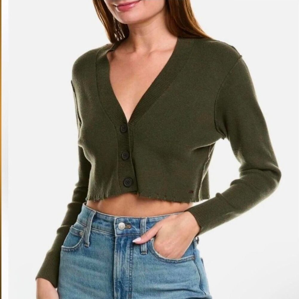 N:Philantrophy Exeter Olive Green Cropped Frayed Cardigan Sweater Size XS